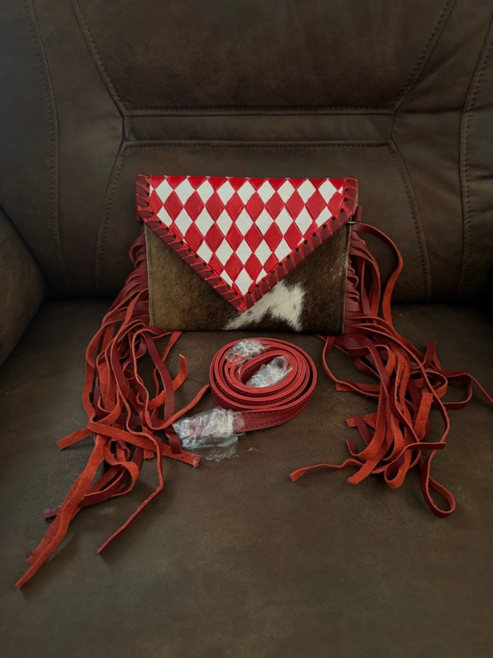 Red Checker Fringe Cowhide Crossbody Bag with Diamond Flap